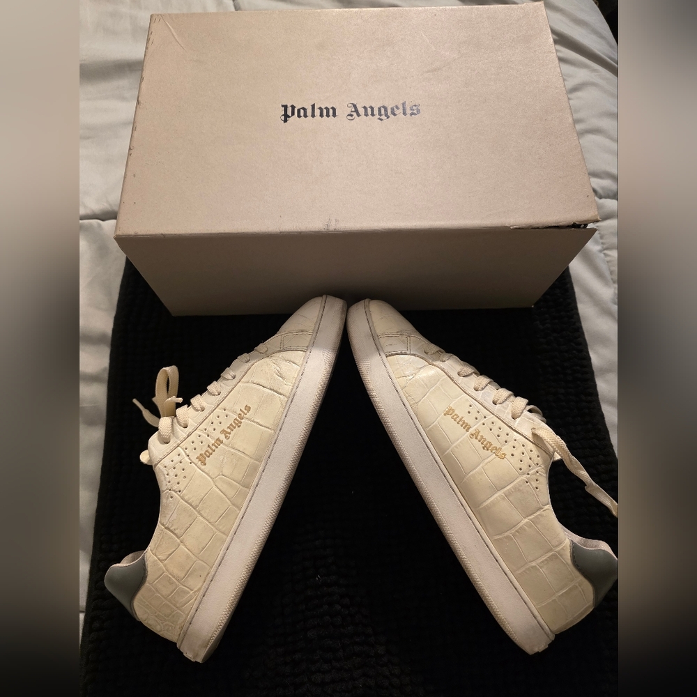 Palm Angels Cream Croc-Embossed Low-Top Sneakers with Gold Logo